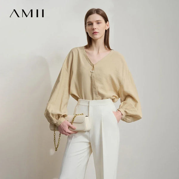 Amii Women's Autumn Minimalist V-Neck Down Sleeve Shirt 2026 New Lyocell Solid Color Loose Casual Top Blouse Women 12551048