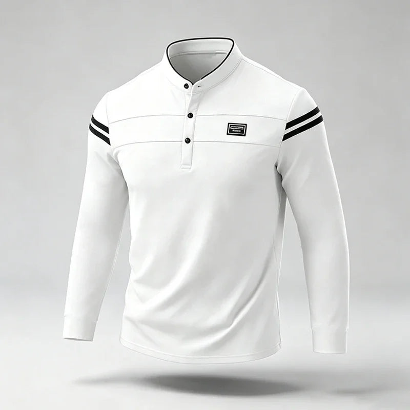 Mens Basic Stand Collar Long Sleeve Polo Top Sleeve Stripes Suitable For Vacation Short Trip And Multiple Leisure Scenes