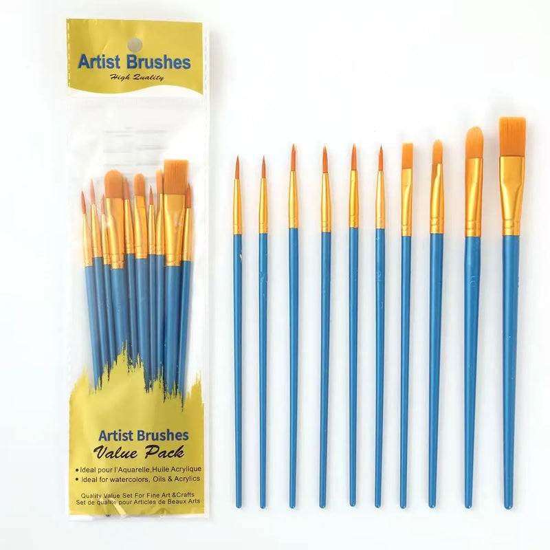 10 Pcs Nylon Hair Paint Brushes Set, Pearl Plastic Handle Watercolor Oil Acrylic Painting Brush for Students Beginners