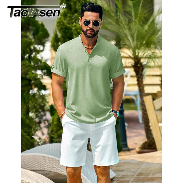TACVASEN Mens Casual Henley Shirts Lightweight Hippie Summer Short Sleeve Beach Tops Banded Collar Button Tshirts Streetwear