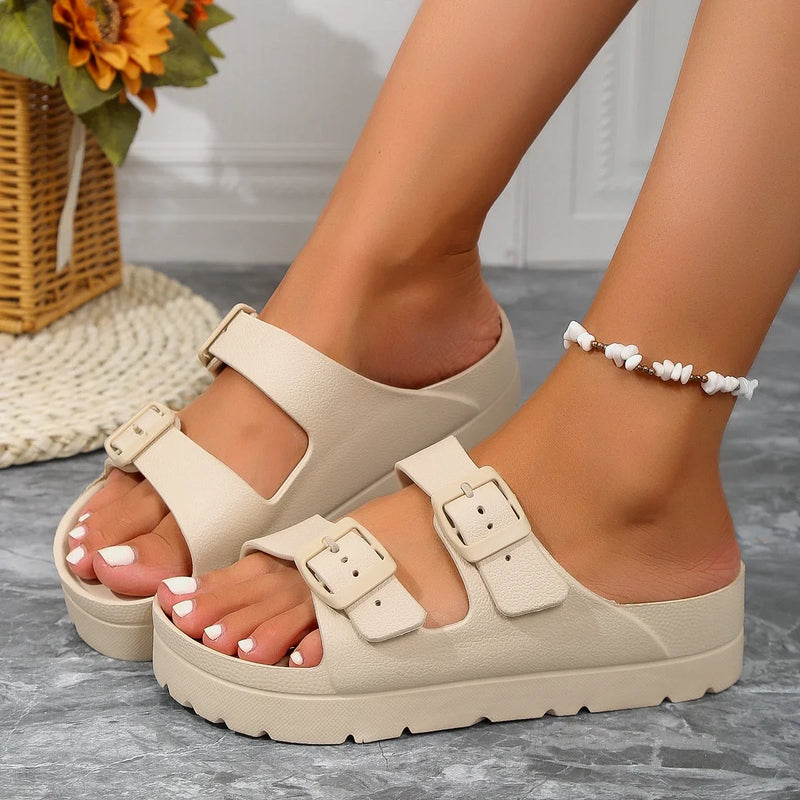 4cm High Ladies Slippers with Two Straps Double Buckles Platform Sandals Women Slides Cushion Lightweight 12 Colors Options