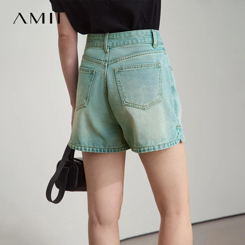 AMII Women 2026 Casual Summer New Shorts Old Retro Washed Cotton High Waist Short Denim Pants Female Fashion Straight 12542221