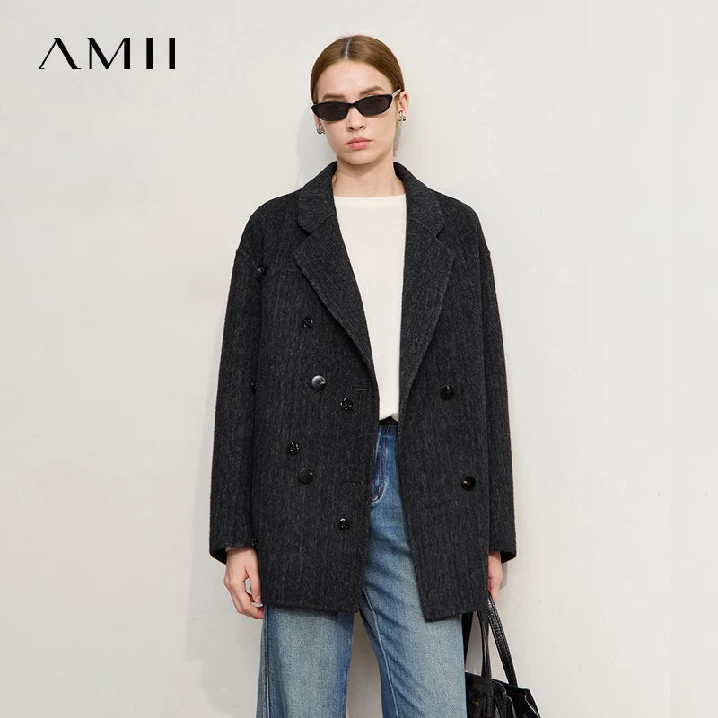 Amii Women's Jacket Coat 2026 Winter New Modern Turn-Down Collar Double-sided Woolen Coat Woman Elegant Versatile Tops 12544151