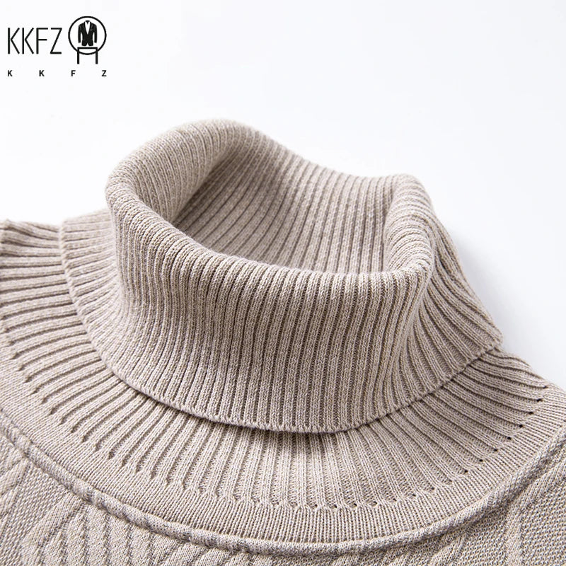 Stretch Turtleneck Male Knitted Pullover Embossed Twist Rhombus Pattern Fleece Lined Cold Proof Casual Long Sleeve Top