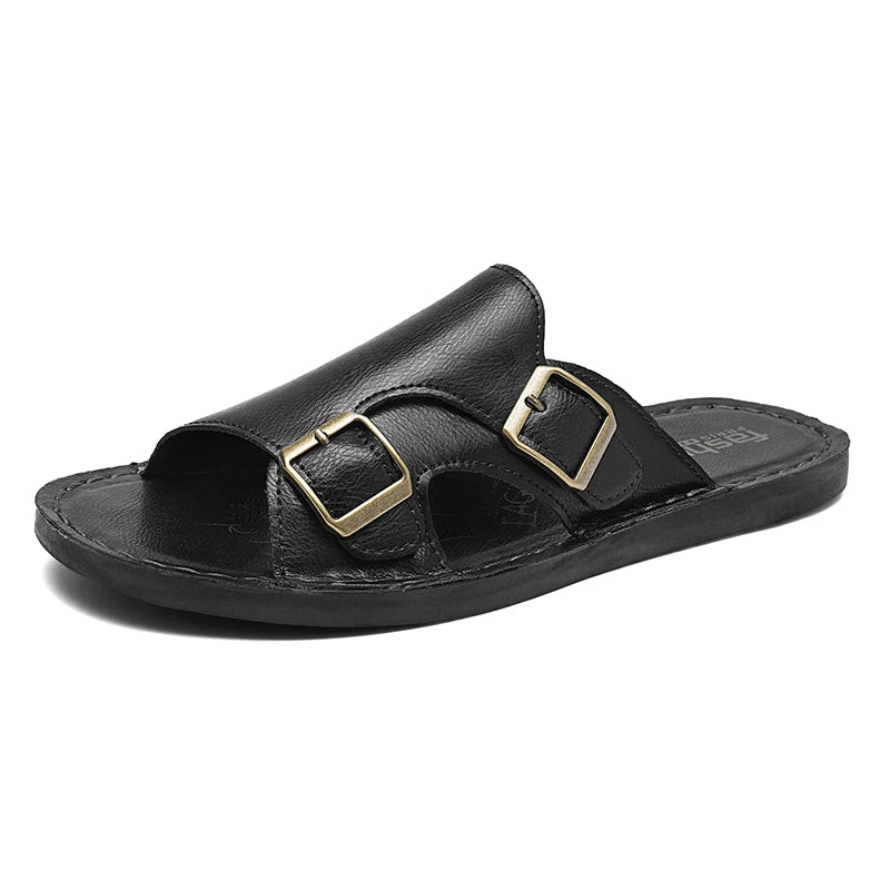 Men's Adjustable Double Buckle Leather Slide Sandals Open Toe Flat Non Slip Casual Summer Slippers Vintage Antique