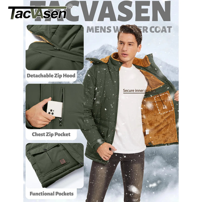 TACVASEN Winter Fleece Jackets Mens Thermal Warm Hooded Coats Removable Hood Hiking Work Jackets Parka Windbreaker Outwear
