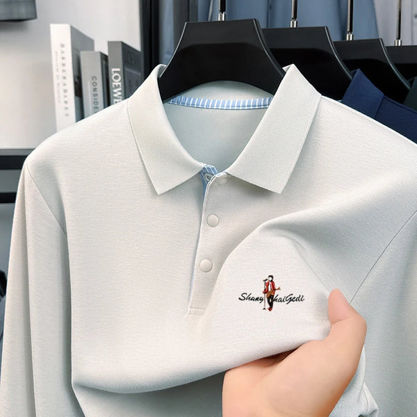100%Cotton Man Long Sleeved Polo Shirt Lapel Button Exquisite Letter Embroidery Autumn Winter New Business Casual Men's Clothing