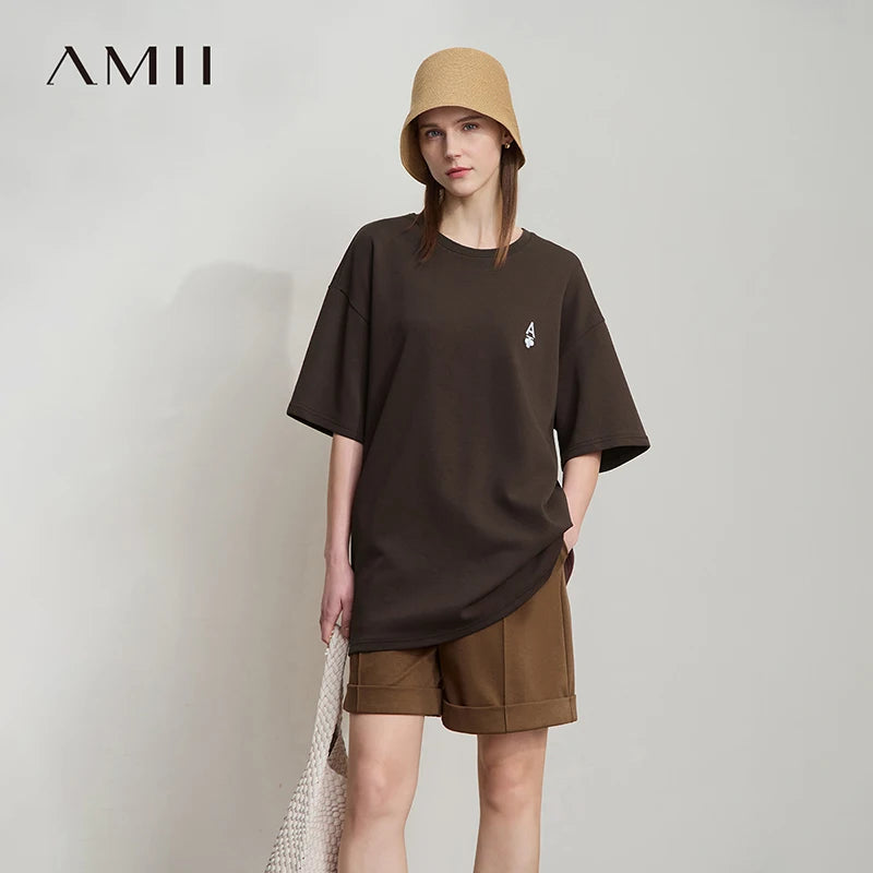 អាវយឺត Amii សម្រាប់នារី រដូវស្លឹកឈើជ្រុះ ឆ្នាំ២០២៦ អាវយឺតកមូលដៃខ្លី ប៉ាក់អក្សរថ្មី អាវក្រៅរលុង បែបយឺត 12641118
