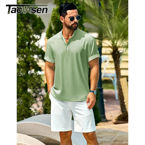 TACVASEN Mens Casual Henley Shirts Lightweight Hippie Summer Short Sleeve Beach Tops Banded Collar Button Tshirts Streetwear