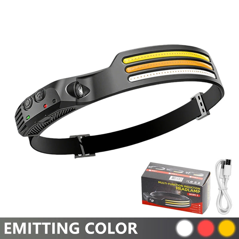 ភ្លើងមុខ COB LED ដែលអាចសាកបានដោយ USB ជាមួយឧបករណ៍ចាប់សញ្ញាចលនា ភ្លើងពិលធំទូលាយ ការពារទឹក សម្រាប់ការបោះតង់ នេសាទ ក្រៅផ្ទះ