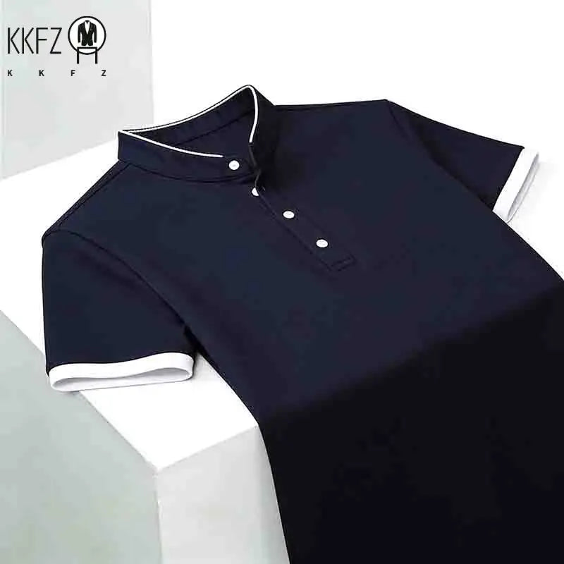 Men's Solid Black Stand Collar Short Sleeve Polo Shirt Half Button Pocket-free Casual Business Tee