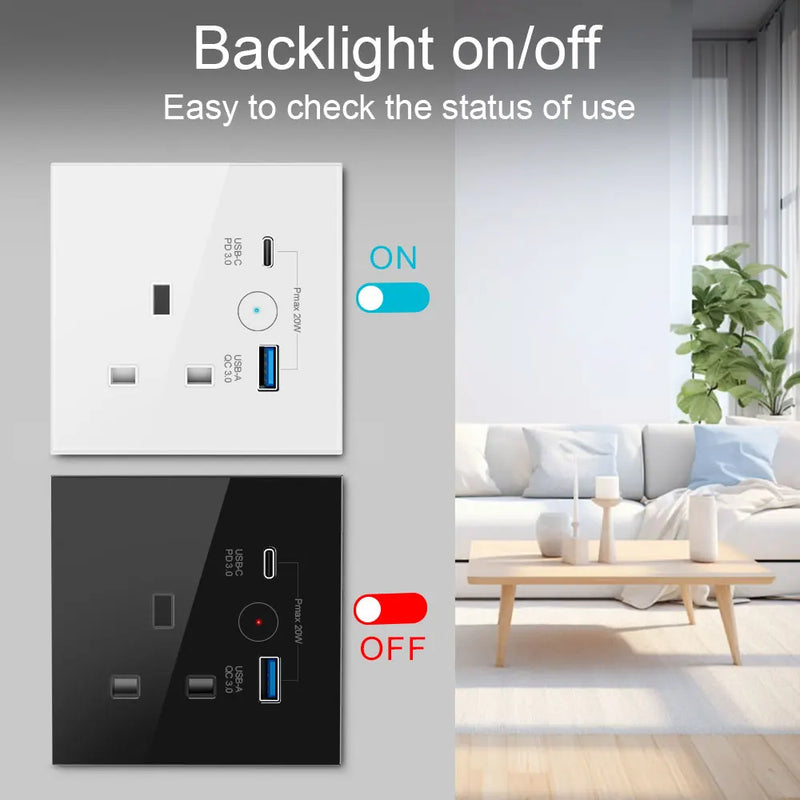 UK WiFi Smart Tuya USB Type-C 20W Fast Charging Socket Glass 13A Outlet Touch Switch Wireless Charge Work with Alexa Google Home