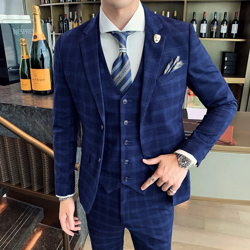 2026 Men Black Classic Striped/Checked Suits, Men's Business Office 3-Piece, Asian Size Slim Fit Sets, Blue/Gray Available