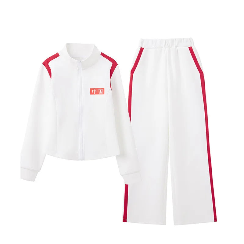Women's Red Two-piece Sports Set for Spring and Fall, Featuring A Jacket with White Stripes and Matching Pants, Asian Sizes 6XL.