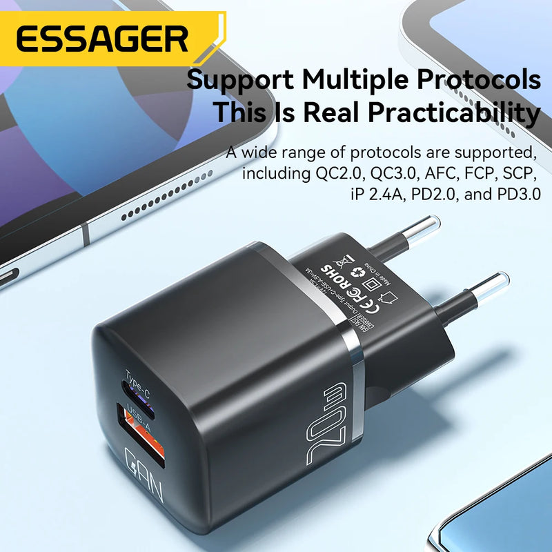 ឆ្នាំងសាក Essager 20W GaN USB Type C PD សាកថ្មលឿន QC 3.0 សម្រាប់ iPhone 15 14 13 12 Pro Max Mini iPad សាកថ្មបានលឿន