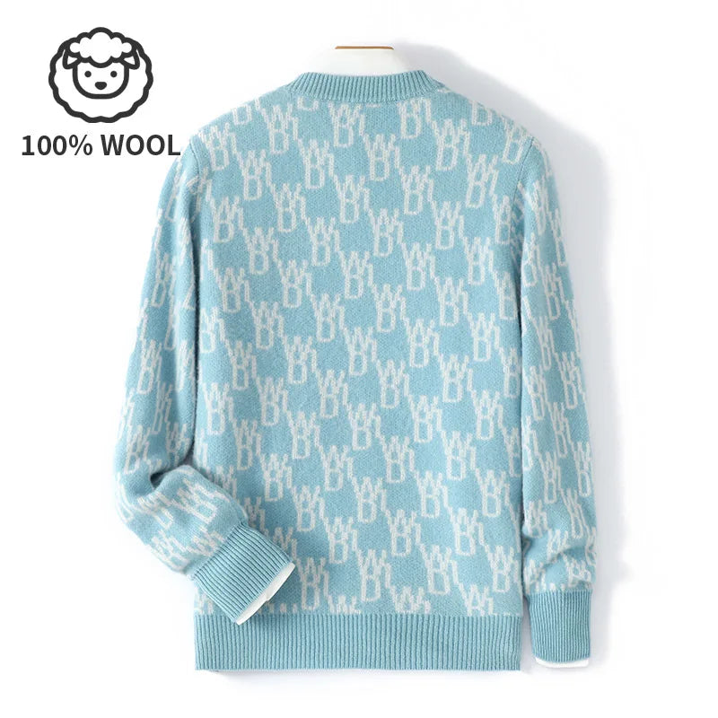 Unisex 100% Wool Sweater, Color Block Jacquard Round Neck, Loose Fit Winter New, High-end Fashionable Warm