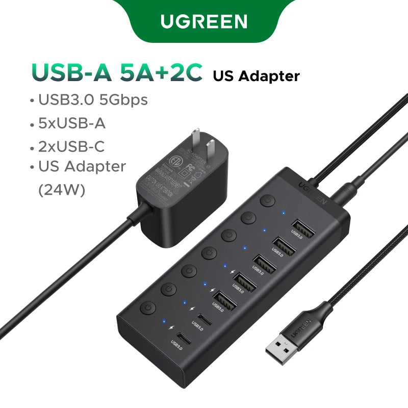 UGREEN USB-A/C HUB 7 Ports with DC Adapter US/EU/UK Plug USB3.0 5Gbps Data Transfer for Desktop PC Laptop USB Splitter Docking