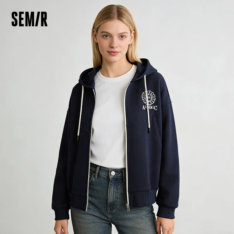 Semir Textured Jacket Women Spring Hooded Letter Embroidery Loose Drop Shoulder Split Design Preppy Style Casual Top