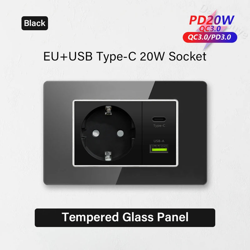 Type 118 Black Tempered Glass Panel EU Wall Light Switch,Europe Wall Socket With USB Type-c 18W Quick Charge Outlet 118*75mm