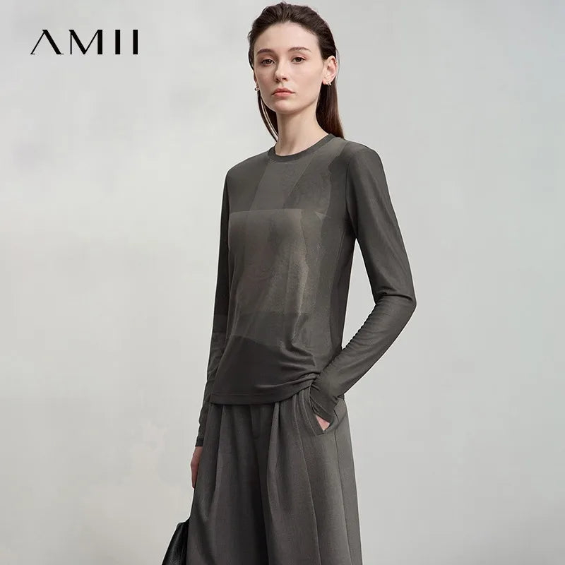អាវយឺតដៃវែង AMII សម្រាប់ស្ត្រី រដូវស្លឹកឈើជ្រុះ ឆ្នាំ២០២៥ កមូល បោះពុម្ពអរូបី អាវយឺតសំណាញ់ អាវយឺតស្ដើងធម្មតា 12513002