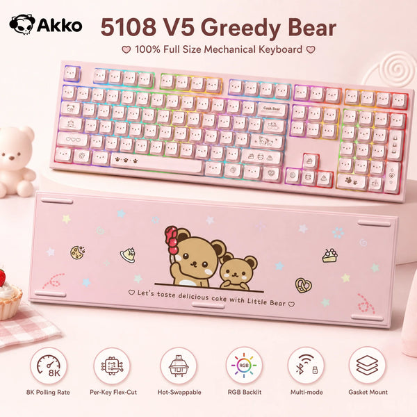 Akko 5108 V5 Mechanical Keyboard MAO Cute Bear SP Keycap 108-Key Full Size Per-Key Flex-Cut Hot Swap 8K ARGB Tri-mode Keyboard