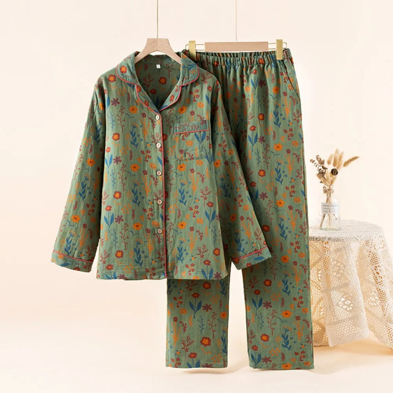 Floral Nightwear for Women Pajama Pure Cotton Sleepwear for Spring and Autumn Long Sleeve Two Piece Home Clothes Pyjama Femme