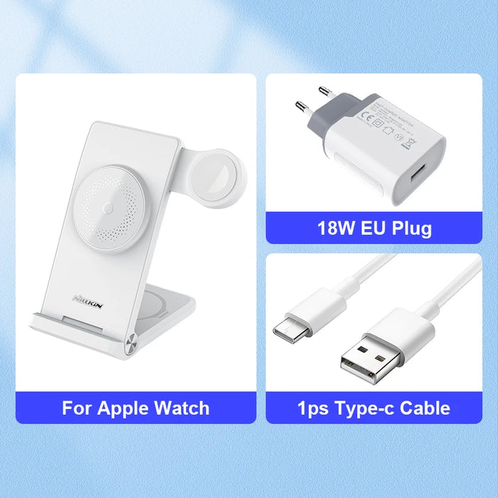 NILLKIN 3 in 1 Magsafe Wireless Charger Stand for iPhone 15/14/13 Pro Max For Airpods Pro MFI For Apple Watch Ultra 8/7/SE/6/5/4 Add 18W EU Plug CN