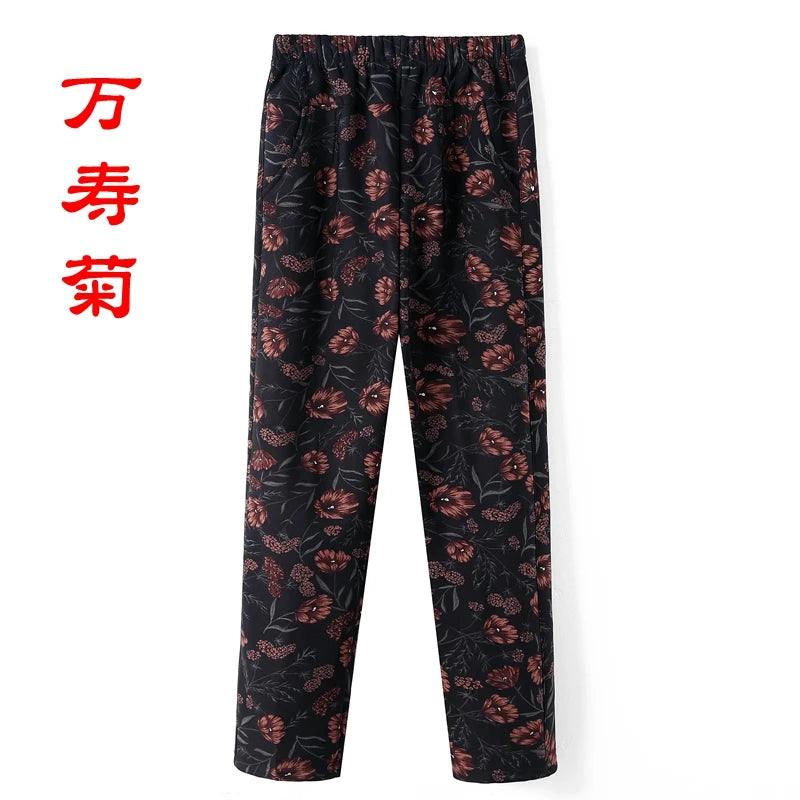 ខោស្ត្រីវ័យកណ្តាលទំហំ ៨XL ៩XL បោះពុម្ពថ្មី ចង្កេះខ្ពស់ ខោធម្មតា ខោនិទាឃរដូវ និងរដូវស្លឹកឈើជ្រុះ ខោត្រង់ ទំហំធំ យាយប៉ា