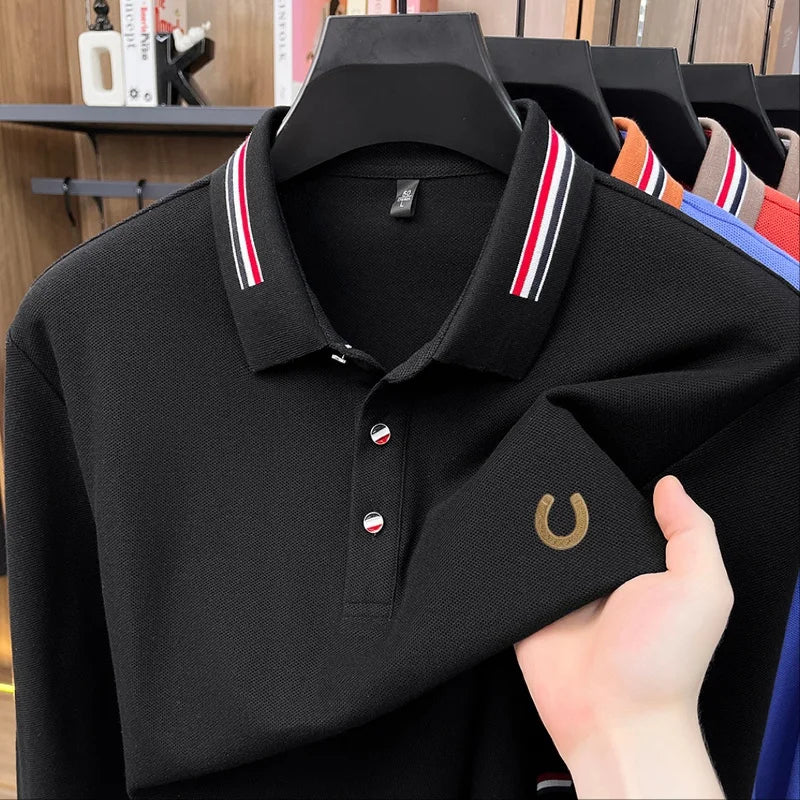 High-End 100% Cotton Man Long-Sleeved Polo Shirt Lapel Button Color Blocking Letter Embroidery Autumn New Leisure Men's Clothing