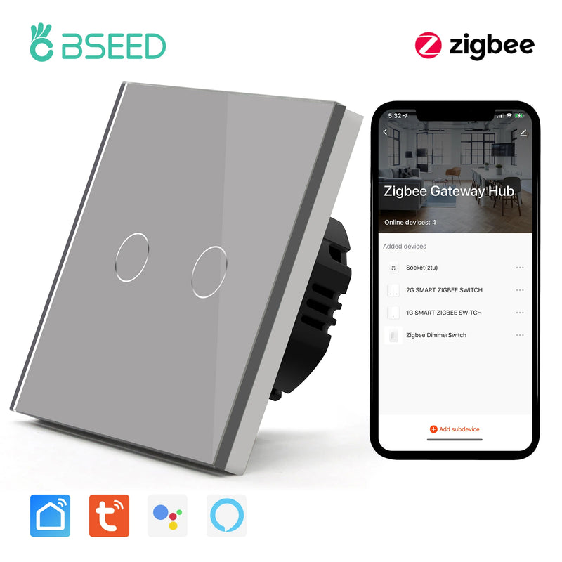 BSEED Zigbee Smart Switch 1/2/3Gang 1/2/3Way Smart Touch Light Switch Work With Tuya Smart Life Blue Backlight No Neutral Line
