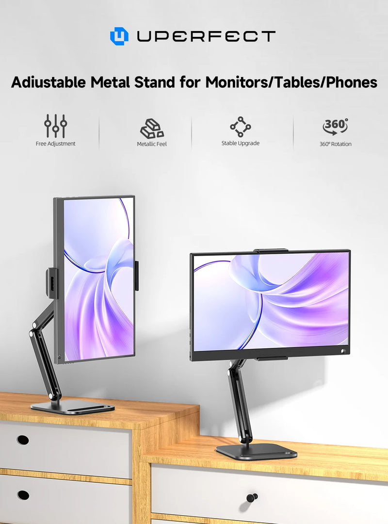 ឈុតស្ព្រីងដែក UPERFECT Ustand D18 អាចបត់បែនបានសម្រាប់តង្កៀបម៉ូនីទ័រចល័តទំហំ 10-18.5 អ៊ីញ ដែលអាចលៃតម្រូវបាន 360° អេក្រង់បញ្ឈរខាងក្រៅ