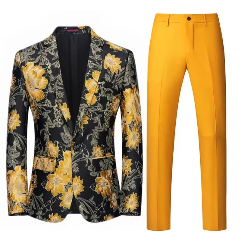 2026 Men's Two-Piece Set, Wedding Party Jacket and Trousers in Black with Red Flowers Jacquard Fabric Slim Fit Men Coat & Pants.