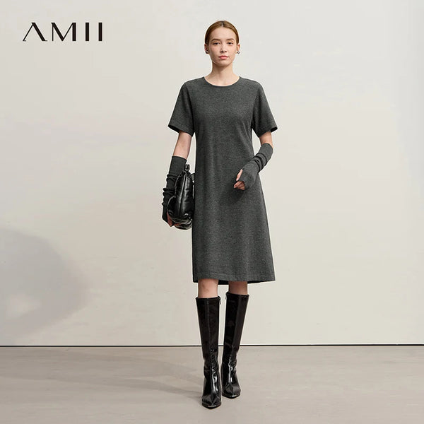 Amii Womens Dresses 2026 Winter New Minimalist Round Neck Loose Elastic Short Sleeves Knitted Wool Dresses For Woman 12544053