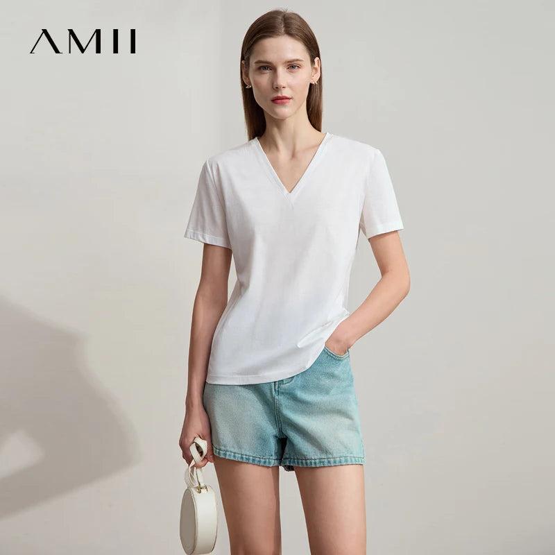 អាវយឺត Amii សម្រាប់នារី រចនាបថថ្មី ពណ៌ស្រស់ឆើតឆាយ ស្លីមសម កប្បាសប៉ាក់អក្សរ អាវយឺតយឺតបន្តិច 12522143