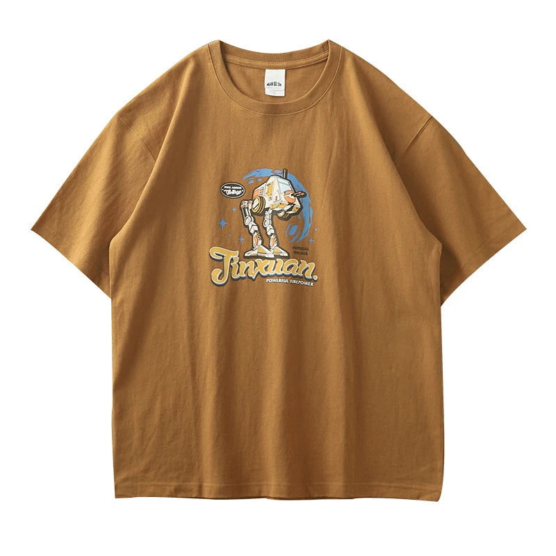 Dukeen 320g Heavyweight Oversized Short-Sleeved T Shirt Men Summer Plus Size Cotton Robot Printing Tees Couples
