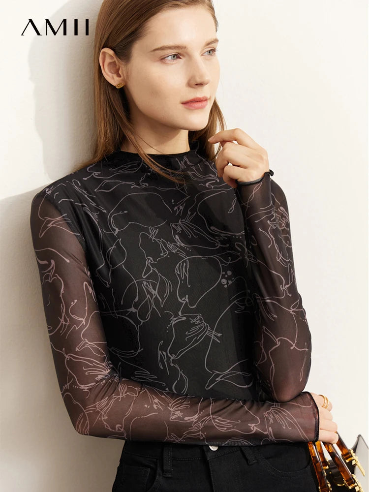 Amii Minimalism 2026 Autumn New Long Sleeve T-shirts Women Fashion Mesh Print Thin Tops Office Lady Slim Woman Clothing 12423105