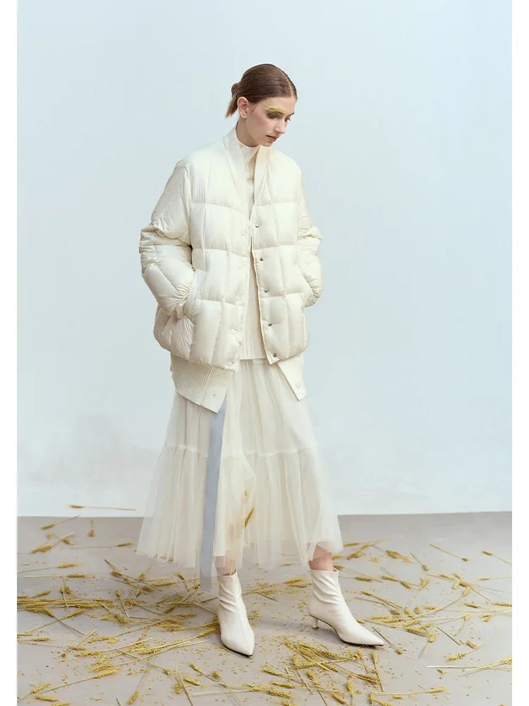 AMII 2026 Winter New Women's Shoulder Sleeves Thickened Collision Material Splicing Wool Fake Two-piece Down Jacket 12444054