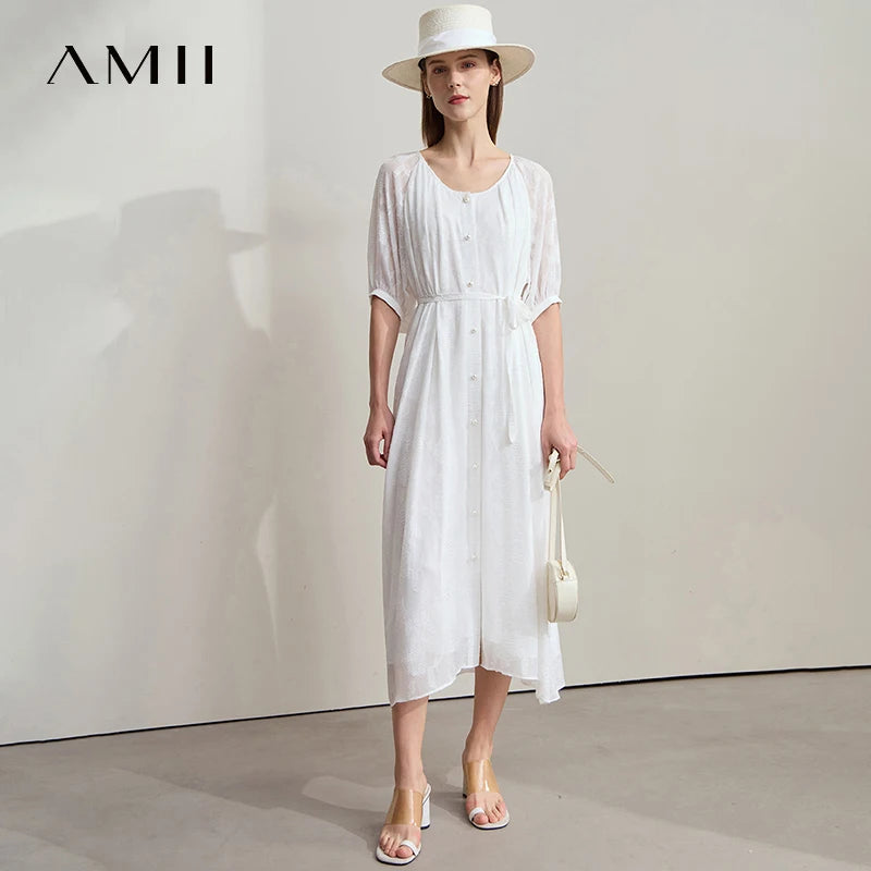 AMII Beige Dress Vacation 2026 Summer Office Lady Belt Chiffon Women Beaded Button A Line Round Neck Fairycore Dresses 12542143
