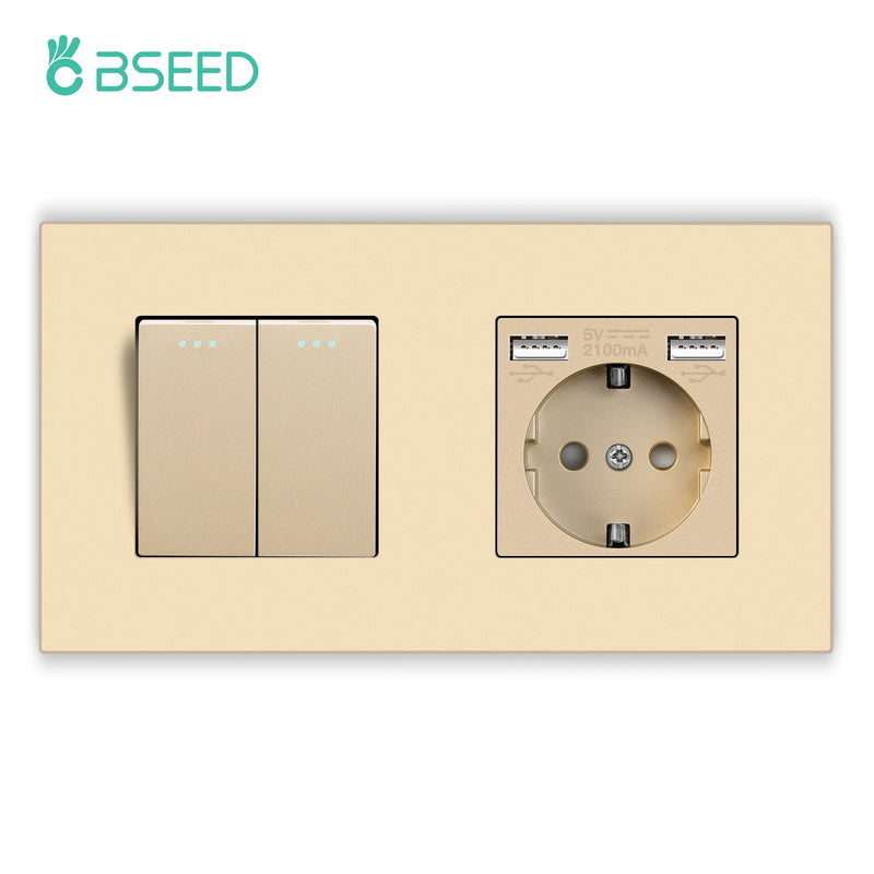 BSEED Mechanical Button Switches With Power Socket 1/2/3Gang 1Way Plastic Panel Electrical Outlets USB Type-C Wall Socket 16A