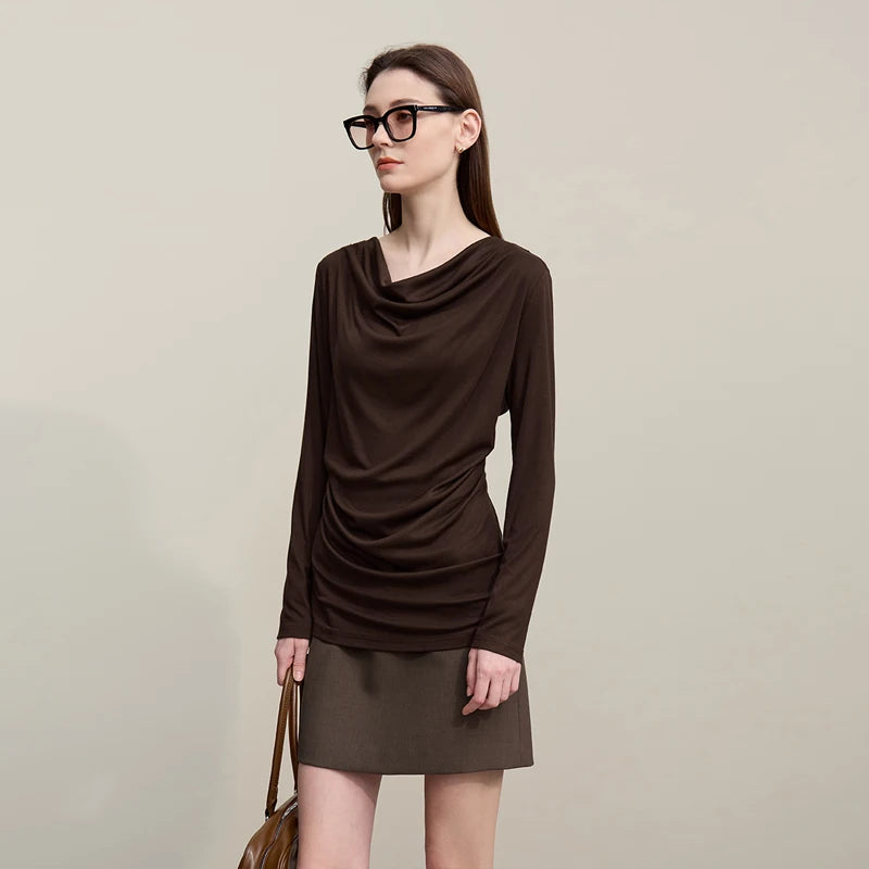 Amii Long Sleeve T-Shirt  Autumn New Elegant Swing Collar 2026 Women's Tee Shirt Casual Versatile Solid Color Knit Tops 12641022