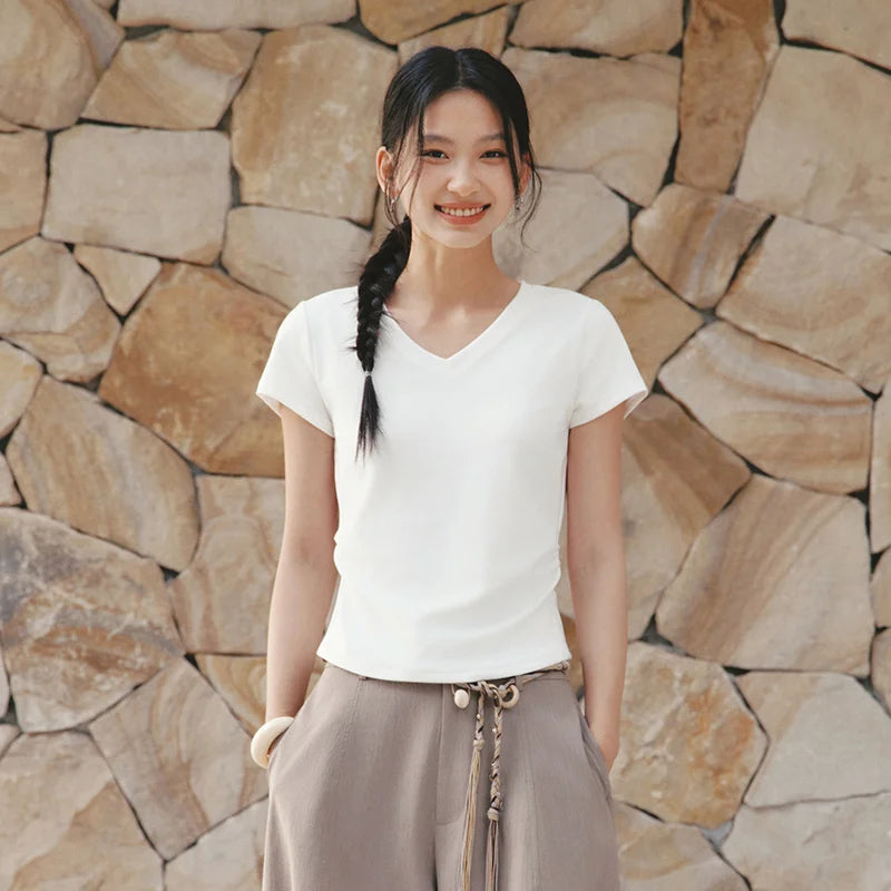 Semir Womens Tshirt 2026 Short U Neck Regular Shoulder Ruched Slim Embroidered Knitted