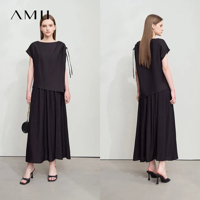 អាវ Amii Minimalism Chiffon ពាក់កណ្តាលសំពត់សម្រាប់នារី រដូវក្តៅឆ្នាំ ២០២៥ អាវថ្មីមូលដ្ឋានពណ៌រឹង លក់ដាច់ដោយឡែក សំពត់បត់ផ្នត់ 12552059