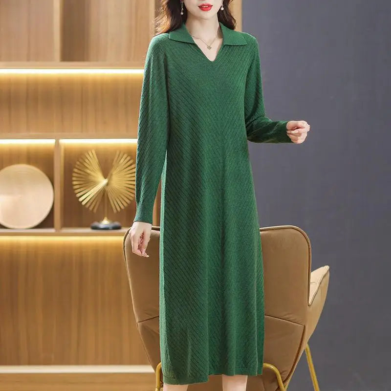 Sweater Women Trends 2026 New Lapel Long Sleeve Knitwear Jumper Spring Autumn Woolen Pullover Clothes Mother Pull Long Dress