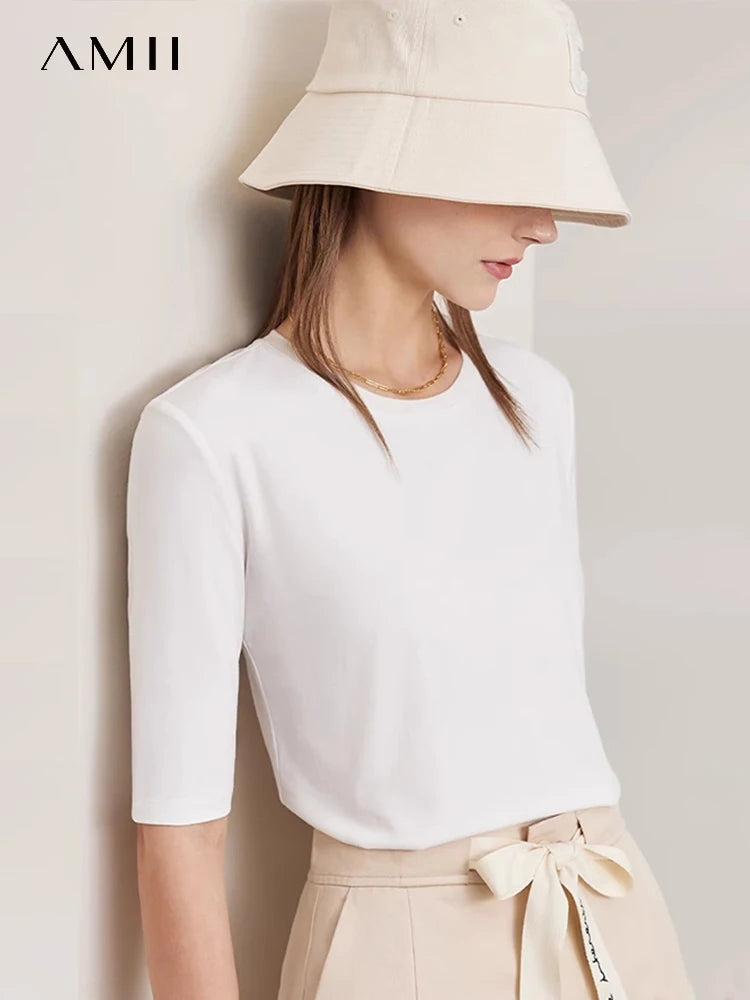 អាវយឺត AMII Minimalism រដូវស្លឹកឈើជ្រុះឆ្នាំ ២០២៤ សម្រាប់ស្ត្រី អាវកប្បាសថ្មី លាតពាក់កណ្តាលដៃ ត្រង់ មូលដ្ឋានរឹង អាវការិយាល័យនារី 12412016