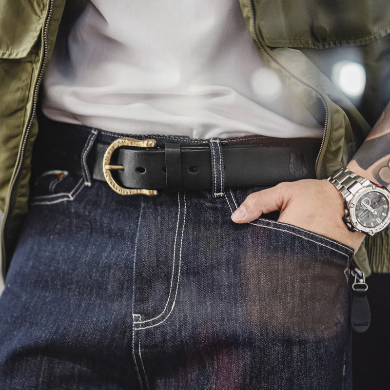 Maden Men's Vintage Genuine Leather Belt Hammered Brass Buckle Single Prong Jeans Belt Casual Durable Waist Strap Male Belt