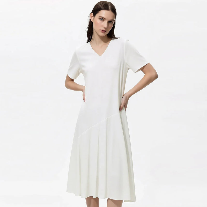 Amii Midi Dress Woman 2026 Summer New V Neck Loose Fit Asymmetric Hem Simple Office Casual Short Sleeve Dress For Women 12622137