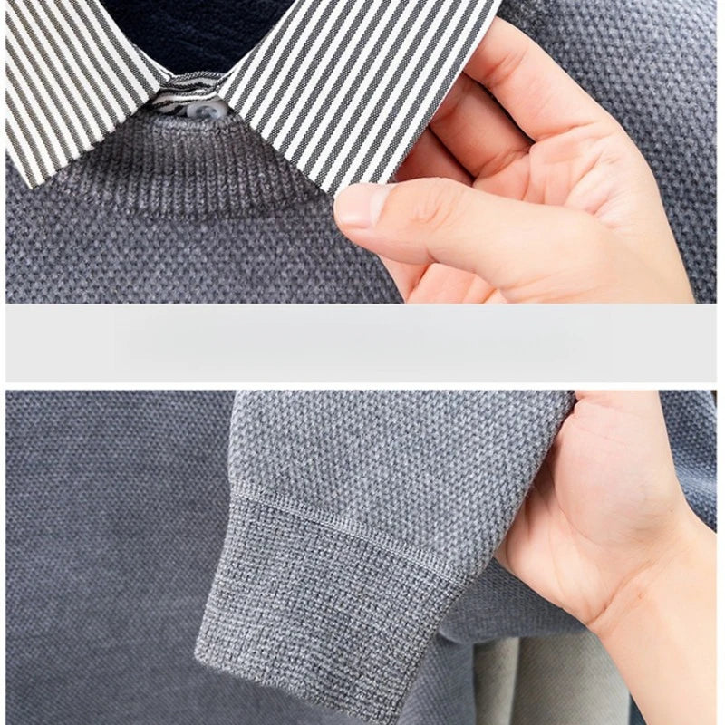 Men's Faux Two-Layer Sweater, Plaid Collar Thickened Warm, Gold Medal Quality, Thickened Collar Pullover Shirt