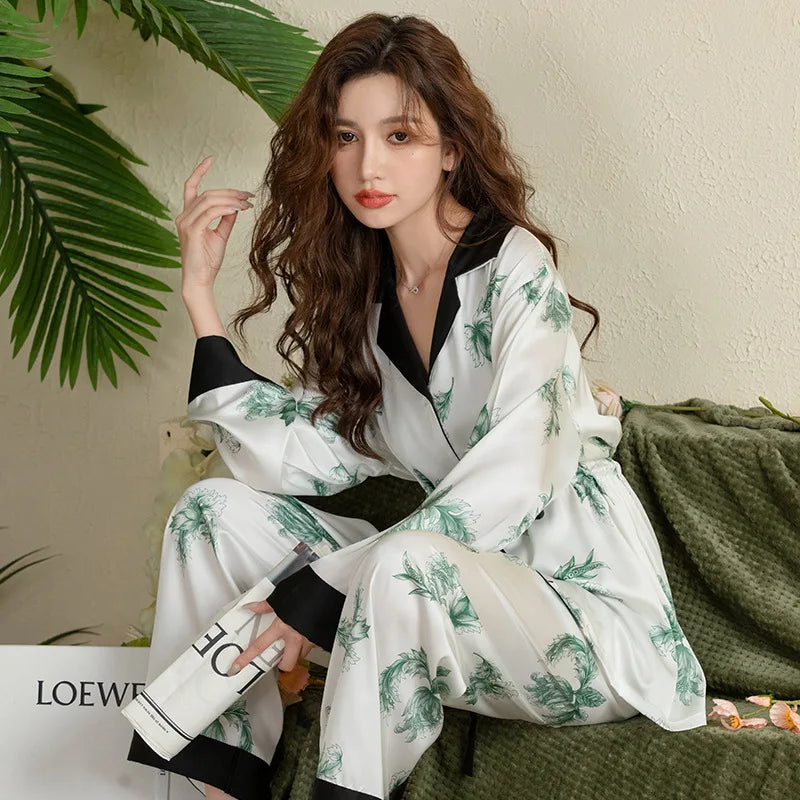 ឈុតខោ pajamas ស្ត្រីបោះពុម្ពទាន់សម័យ អាវកាឌីហ្គែន អាវក្រៅ អាវសូត្រសាទីនថ្មី ឈុតគេង Pijama អាវដៃវែង សម្លៀកបំពាក់នៅផ្ទះពេលយប់