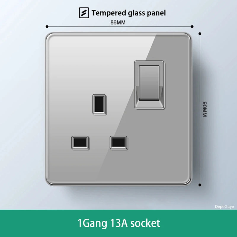 Deluxe Grey Tempered Glass Panel UK 13A Plug Electrical Socket, Double 5 Pin Socket and Switch, EU Universal USB C Wall Socket
