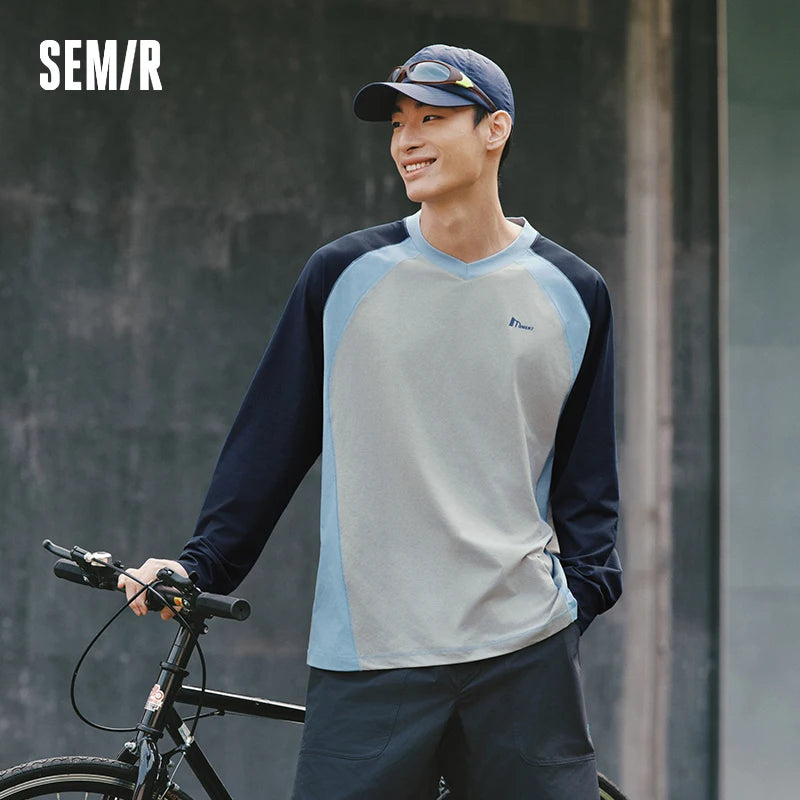 Semir Men Tshirt 2026 Spring Color Block Patchwork Quick Dry Loose V Neck Letter Couple Long Sleeve Casual Tops